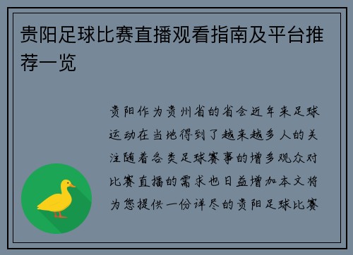 贵阳足球比赛直播观看指南及平台推荐一览